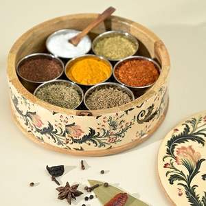 Wooden masala <b>box</b> with rich brown finish and handmade partitions perfect for <b>Indian</b> <b>spices</b> in vintage-style kitchens - Product Image 1