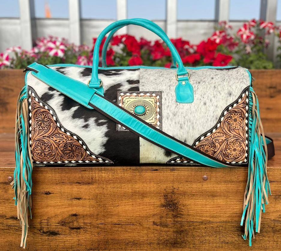 Turquoise With Black Cowhide