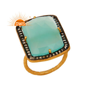 Último diseño de plata esterlina 18K chapado en oro Natural Cz y Aqua Calcedonia anillo de piedras preciosas joyería para mujer regalo para ella - Product Image 1