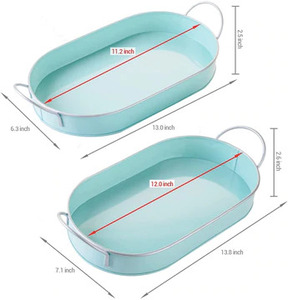 Bandeja de servicio ovalada de metal galvanizado azul cielo hecha a mano con asa, Juego de 2 para bebidas y aperitivos para el hogar y el hotel - Product Image 5