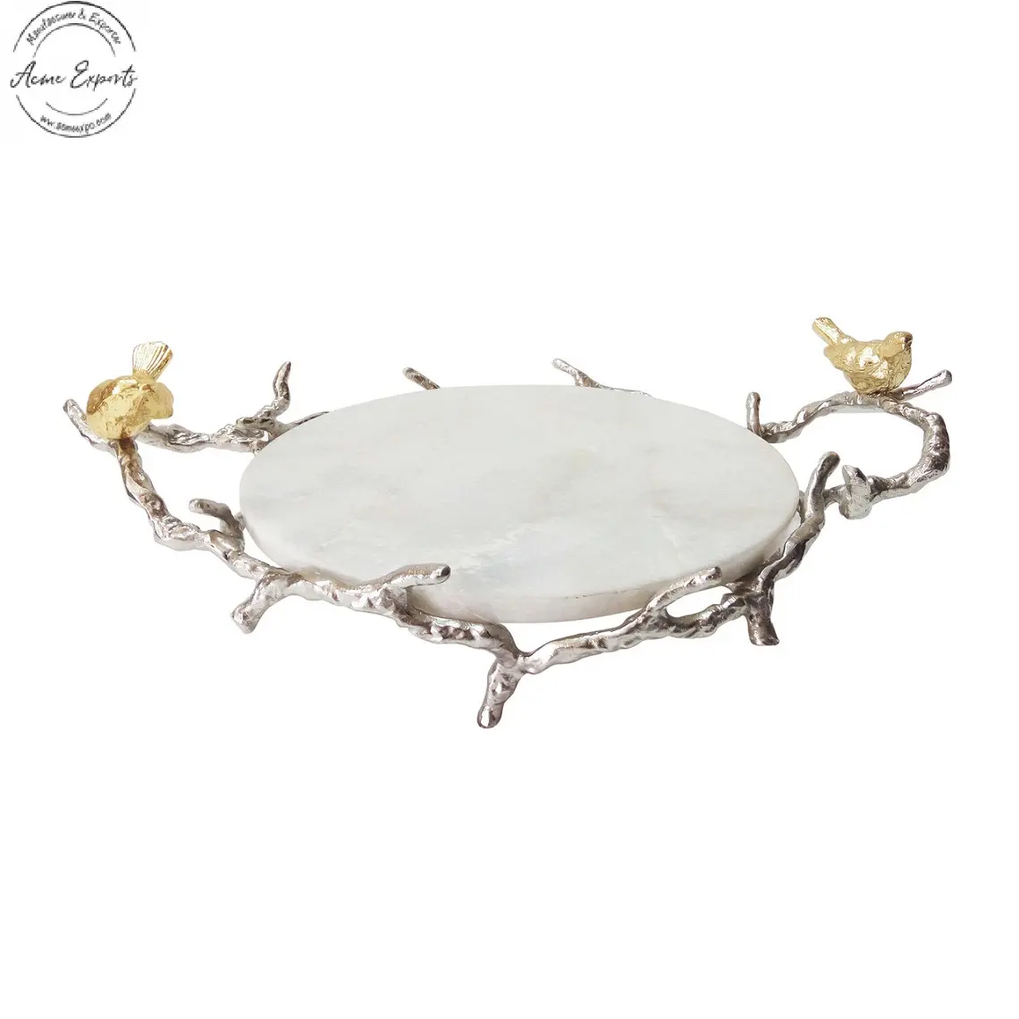 Luxury Handmade Marble Round Branch Design Handles and Stand Tray With Shiny Nickel Finished Used for Home Decoration Table Top