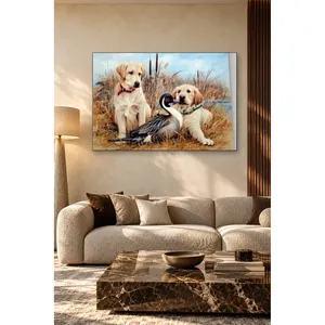 Impression sur toile de deux chiots de Labrador avec un canard dans les roseaux de Fida - Product Image 3