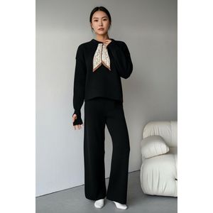 Women's Two-Piece Knitted Set Crew Neck and Wide Leg with Stylish Scarf - Product Image 5