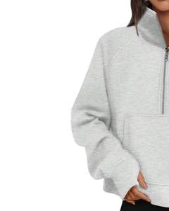 Sudadera con Capucha de Forro Polar Gris Claro para Mujer, Sudadera Holgada con Cierre de Media Cremallera y Bolsillo Tipo Canguro, Informal, para Invierno, Estilo Urbano - Product Image 2