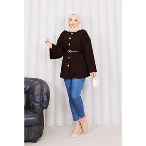 Manteau en cachemire vintage boutonné doré pour femme, taille XS, imprimé café, long, taille froncée, pour bureau, en laine et fourrure vintage, idéal hiver-printemps - Product Image 3