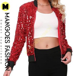 Blouson aviateur à paillettes pour femmes avec manches longues fermeture éclair sur le devant et poches couleur rouge pour vestes à paillettes décontractées et de fête - Product Image 2