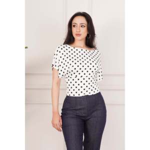 Blusa Elegante de Manga Corta con Cuello de Lazo y Estampado de Puntos Blancos para Mujer, Marca LUSTRIN, con Tela Fluida de Poliéster y Elastano para Oficina - Product Image 3