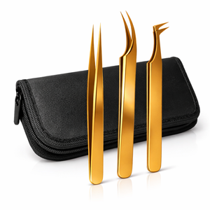Gold Eyelash Extension Tweezers <b>Kit</b> 3 Piece Set Straight Curved Volume <b>Lash</b> Tools Stainless Steel for Beginners - Product Image 6