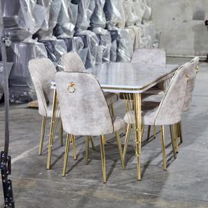 Ensemble de table à manger 6 chaises Fait main Moderne Extensible Plateau en verre trempé Pieds en métal Construction en aggloméré Écologique Durable - Product Image 2