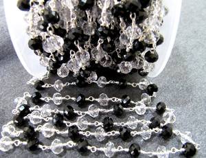 1 pied Quartz clair et spinelle noir Rondelle à facettes 6mm fil perlé enroulé chapelet chaîne en laiton pour la fabrication de bijoux - Product Image 2