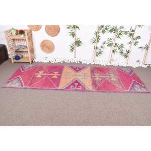 Tapis Vintage Bohème Laine 3.2X8.9 pieds Écologique Pile Moyenne Rose et Orange Géométrique Patchwork Design Latex Support - Product Image 2