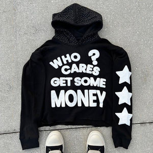 Sudadera con capucha de algodón con diamantes de imitación 360 GSM, jersey de gran tamaño con diseño recortado bordado, lavado para uso en invierno, Sudadera con capucha con cremallera personalizada - Product Image 2