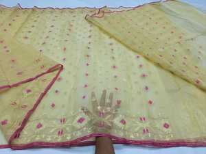 Alta calidad amarillo Deshi Dhakai Jamdani Sharee para mujeres JAMDANI tela rojo verde dorado cielo azul de Bangladesh - Product Image 3