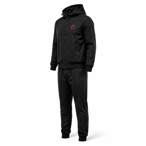 Men's Black Hooded Tracksuit Set Full Zipper Letter Print Casual Sportswear with Side Pockets and Logo Front Windbreaker Set - Product Image 3