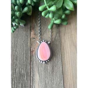 Pink Conch Shell & Sterling <b>Silver</b> Water Drop Necklace Rhodium Plated with Emerald Cut Diamond Accents - Product Image 1
