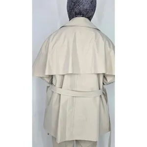Women's Vintage Trench <b>Coat</b> with <b>Cape</b> Detail Beige Long Style Autumn Season Cotton Fill Button Decoration and Print - Product Image 4