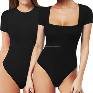 Vente directe décontracté femmes combinaison couleur unie Sexy maigre T-Shirt col carré manches courtes imprimé motif Slim Fit trou - Product Image 1