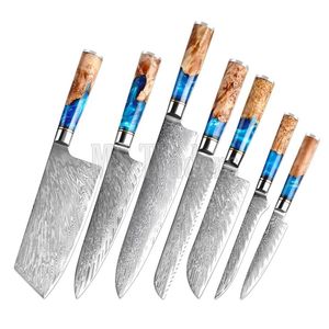 Ensemble de couteaux de chef en acier Damas de haute qualité, 7 pièces, fabrication artisanale, qualité supérieure, avec manche en bois et résine, personnalisable OEM - Product Image 1
