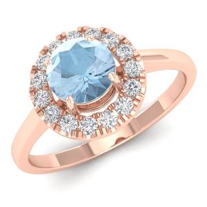 Anillo de Oro Sólido de 14K con Halo de Diamantes y Gema de Aguamarina de Corte Redondo de 0.5 Quilates, Joyería Fina de Lujo para Regalo de Boda, REYES - Product Image 2