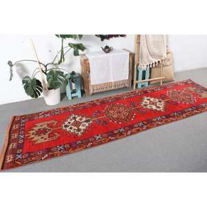 3.1x10.5 ft <b>Runner</b> Vintage Rug, Turkish Rug, <b>Red</b> Blue Abstract Wool Rug - Product Image 4