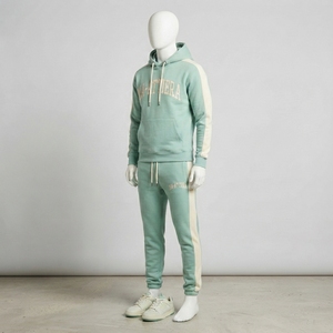 <b>Mens</b> Mint Green Hoodie Tracksuit Sets Cream Side Stripes Embroidered <b>Pullover</b> Sweatshirt Joggers Pants Sportswear Gym Activewear - Product Image 4