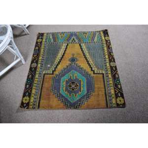 Alfombra Turca Vintage Pequeña de 3.3x3.6 pies (102x110 cm), Alfombra Azul Marroquí - Product Image 1