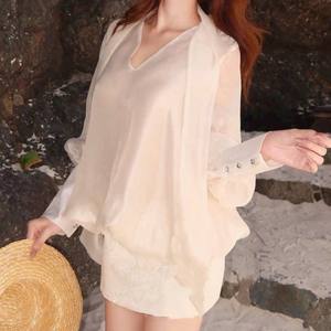 Ensemble haut et jupe courte en mousseline de soie blanche de qualité supérieure, manches longues, pour tous les jours - Product Image 6