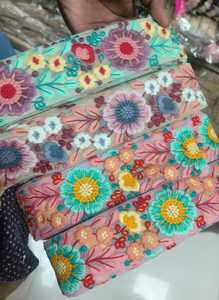 Custom Made on Net Base Fabric Embroidered Thread Work Laces with Multi Coloured Options in Thread Embroidery in 1.5 Inch Width - Product Image 6