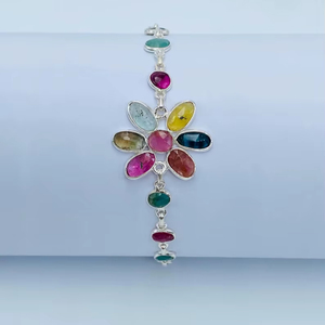 สร้อยข้อมือทัวร์มาลีนหลากสีทำด้วยมือเงินแท้เครื่องประดับคริสตัลอัญมณีเครื่องประดับแฟชั่นสไตล์โบฮีเมียนปรับได้ - Product Image 1