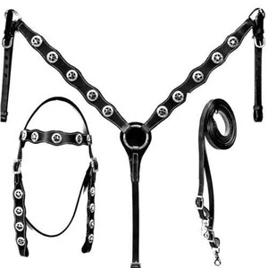 Venta caliente Western Headstall Breastplate Premium Design Star Conchos Tachonado Color negro Cuero Fabricado Caballo al por mayor - Product Image 3