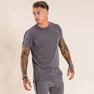 Mens <b>Charcoal</b> Grey Side Stripe Crew Neck Short Sleeve Cotton Casual Summer Fashion Top Custom Logo OEM ODM Wholesale Apparel - Product Image 1