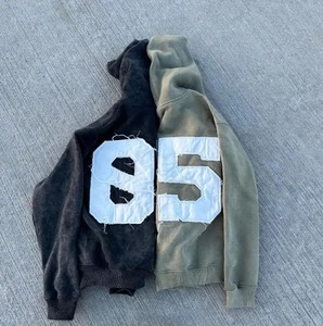 Sweat à capuche en molleton français polyester/coton, coupe oversize et courte, grammage lourd, uni, effet vintage délavé à l'acide et patchwork, direct usine - Product Image 2