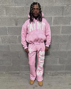 Custom Track Suit Set Hoodie and Flared Sweatpants Sets Jogger Sweatsuit <b>Applique</b> Embroidery Patch Men Distressed Tracksuits - Product Image 2