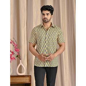 Men's Casual Cotton Printed <b>Half</b> Sleeves <b>Shirt</b> 100% Grey Poplin Breathable Stand Collar Size XL - Product Image 1