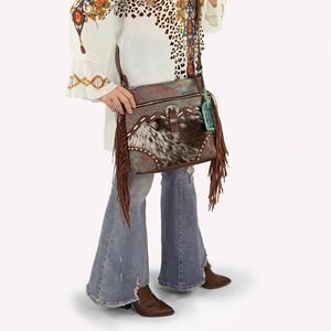 Bolso cruzado de piel de vaca bohemio de diseñador occidental, detalles de borlas de cuero mecanizados a mano, patrón Floral, cierre de cremallera, bolso elegante - Product Image 5