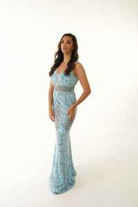 Vestido de noche elegante de longitud completa para mujer, malla polivinílica transpirable, característica antiestática, perlas bordadas, abalorios para cóctel - Product Image 3