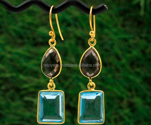 Boucles d'oreilles élégantes en quartz fumé et topaze bleue, crochet en pierre précieuse, plaqué or, forme de poire et fantaisie, boucles d'oreilles pendantes pour cadeaux, vente en gros - Product Image 2