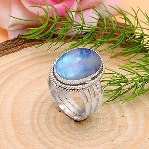 แหวนออกแบบสีเงินสเตอร์ลิงทำด้วยมือ925อย่างดีที่สุดพร้อมสแตมป์925มูนสโตนไฟสีฟ้าธรรมชาติสำหรับงานแต่งงาน - Product Image 4