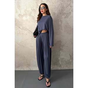 Elisa Fashion <b>Woman</b> <b>Navy</b> <b>Blue</b> Long-Sleeved <b>Top</b> and Bottom Set - Product Image 2