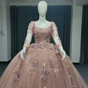 Vestido de Fiesta de Noche ANY189 Exclusivo, Color Rosa, Cuello Cuadrado, con Cuentas, Apliques de Cristal, Largo hasta el Suelo, con Flores 3D - Product Image 3