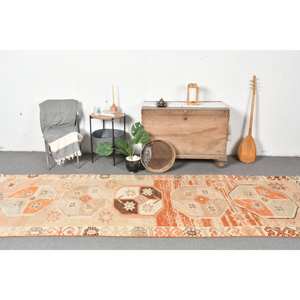 Tapis Bohème Vintage en Laine Turque 3.8ft X 11.6ft Orange Beige Patchwork Design Style Classique pour Entrée Couloir Latex Matériel - Product Image 1