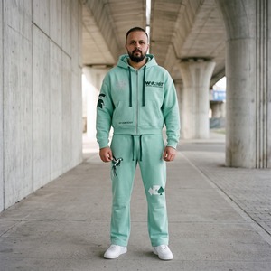 Winter Fleece Tracksuit Embroidered Rhinestone <b>Cropped</b> Zip Hoodie Flare <b>Pants</b> 420 GSM Mint Green Custom Logo - Product Image 3