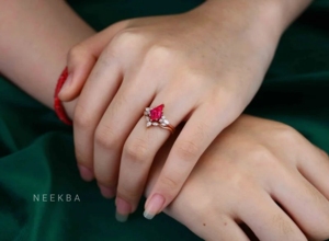 ทำด้วยมือ10K แข็งโรสโกลด์หรูหราเครื่องประดับทับทิมแหวนหมั้นทำจากทับทิมตัดว่าวจับคู่กับวงแหวนแต่งงานเพชรโมอิส - Product Image 6