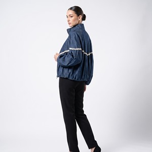 Oversized Denim Jacket with High Collar, <b>Lace</b>, Puffed <b>Sleeves</b>, and Pockets—One Size Fits Sizes 38–44 - Product Image 1