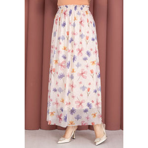 Bohemian Style for Cream Chiffon Tulle <b>Skirt</b> with Floral <b>Elastic</b> Waist Print Decoration - Product Image 2