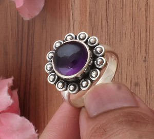 Bague fleur en argent sterling vintage avec pierre précieuse améthyste ronde bijoux Boho faits à la main pour femmes - Product Image 2