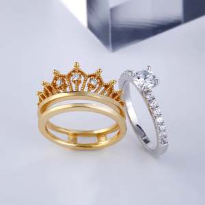 Jeulia Two Tone <b>Crown</b> Round Cut Sterling Silver Wedding <b>Ring</b> Set with Zircon - Product Image 5