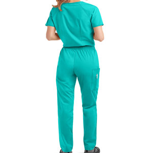 V <b>Neck</b> Women's Scrubs Uniforms Sets Stand Collar 6-Pocket Medical Scrubs Short Sleeve <b>Mock</b> Wrap <b>Top</b> Cotton Twill High Quality - Product Image 3