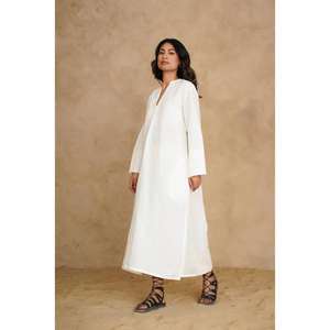 Women Solid <b>White</b> Cotton Kaftan Maxi <b>Dress</b> Short Sleeve V Neck Loose Fit <b>Gothic</b> Floral Floor-Length Resort Lounge Wear - Product Image 2