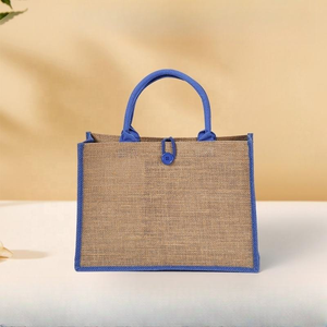 Bolsa de regalo de yute pequeña con patrón de rayas ecológico más vendida, bolso de compras de hombro de arpillera reutilizable impermeable con botón - Product Image 2